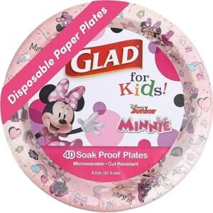 Glad for Kids Disney Minnie Mouse Disposable Paper Plates, Pink - Soak Proof, Microwave Safe Pink Cake Plates, Kid Friendly Dinnerware for Everyday Use, 8.5 Inch, 40 Count