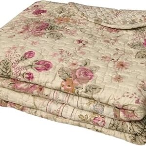 Greenland Home Antique Rose - Classic Traditional Floral - 100% Cotton Quilted Throw Blanket, 50 x 60 inches, Ecru