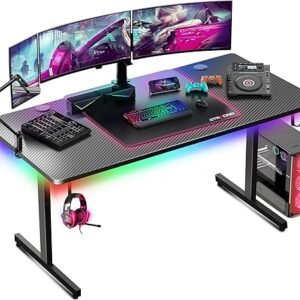 GTRACING Gaming Desk 55 Inch with LED Lights, Large Computer Desk with Mouse Pad for Home Office, T-Shaped Carbon Fibre Surface PC Game Workstations with Headphone Hook, Black