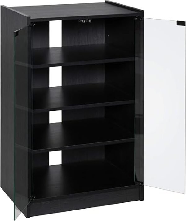HOMCOM Media Cabinet, 4-Tier Stereo Cabinet, Modern Audio Video Media Stand with Adjustable Shelves, Tempered Glass Doors, and Cable Management, Distressed Black