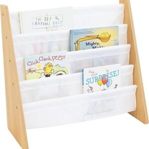 Humble Crew 4-Tier Kids Bookshelf, Natural Wood/White - Premium Book Shelf for Kids Rooms with Four Deep Pockets - Toddler Sling Book Rack with Deep Sleeves, Nursery Bookcase Organizer