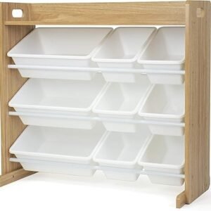 Humble Crew Toy Storage Organizer with Top Shelf and 9 Removable Bins, Natural/White – Toddler Bookshelf with Toy Organizer - Modern Toy Rack Ideal for Kids' Rooms, Playrooms, and Nurseries