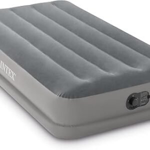 Intex 64112E Dura-Beam Standard Prestige Air Mattress: Fiber-Tech – Twin Size – Built-in USB Electric Pump – 12in Bed Height – 300lb Weight Capacity