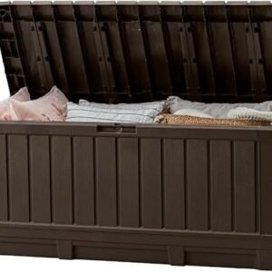 Keter Kentwood 92 Gallon Resin Deck Box-Organization and Storage for Patio Storage Box Outdoor Cushions, Throw Pillows, Garden Tools and Pool Floats, Brown