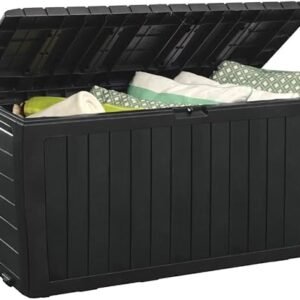 Keter Marvel Plus 71 Gallon Resin Deck Box Organization and Storage for Patio Storage Box Outdoor Cushions, Throw Pillows, Garden Tools and Pool Accessories, Dark Grey