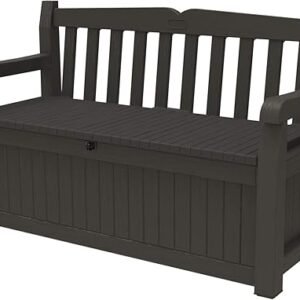 Keter Solana 70 Gallon Storage Bench Deck Box for Patio Furniture, Front Porch Decor and Outdoor Seating – Perfect to Store Garden Tools, Brown/Brown