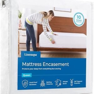 Linenspa Zippered Mattress Encasement - Waterproof & Bed Bug Proof - Premium Noiseless & Absorbent Cover – Queen, White