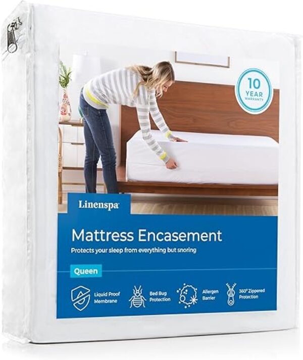 Linenspa Zippered Mattress Encasement - Waterproof & Bed Bug Proof - Premium Noiseless & Absorbent Cover – Queen, White