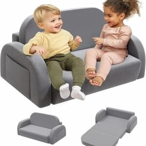 little dove 2-in-1 Convertible Kids Couch, Extra Wide Comfy Toddler Chair, Flip Out Toddler Couch, Foldable Kids Sofa Chairs, Kid Chairs with High Density Foam, Kid Sofa Bed for Boys & Girls 3+, Gray