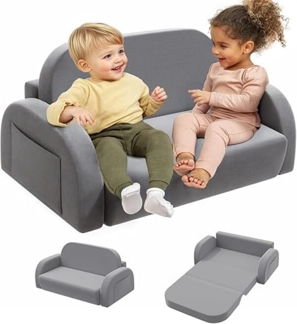 little dove 2-in-1 Convertible Kids Couch, Extra Wide Comfy Toddler Chair, Flip Out Toddler Couch, Foldable Kids Sofa Chairs, Kid Chairs with High Density Foam, Kid Sofa Bed for Boys & Girls 3+, Gray