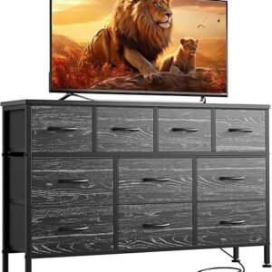 Lulive Dresser for Bedroom 10 Drawer Dresser TV Stand with Power Outlet, Entertainment Center Chest of Drawers for 55 Inch TV, Black Fabric for Bedroom Living Room Hallway Closets