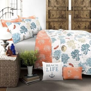 Lush Decor Coastal Reef Reversible Quilt Set, 7 Piece Set, Full/ Queen, Blue & Coral - Tropical Beach Bedding Set With Throw Pillows - Coastal Quilts Queen Size - Beach House Decor