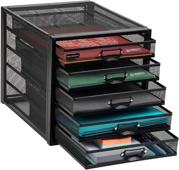 Mind Reader File Storage Drawers, Desk Organizer, Multi-Purpose, Crafts, Office, Metal Mesh, 11"L x 14"W x 11"H, Black, 5 Drawer
