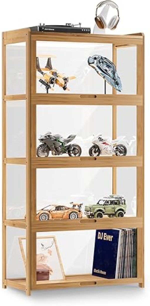 MoNiBloom 55" Curio Display Cabinet with Doors, 4-Tier Bamboo Showcase Storage Cabinet Shelf Collectibles Toy Display Case for Living Room, Natural