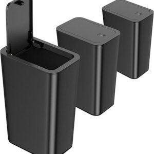 N. NETDOT 3 Pack 10 Liter Small Trash Can with lid, 2.6 Gallon,Garbage Can Slim Trash Bin Waste Basket for Bathroom,Kitchen,Bedroom,Living Room,Office,Laundry - Black