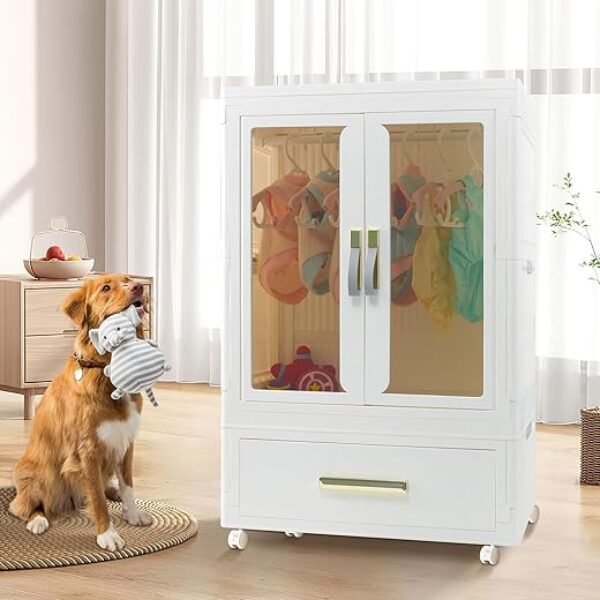 Pet Wardrobe Closet, Dog Closet - Stackable Storage Bins with Doors, Wheels, and Hanging Rods - Stackable Drawers Closet - Pet Accessories, Dog Toys, Pet Clothes