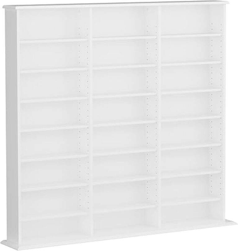 Prepac 3 Column 51" Tall White Display Multimedia Cabinet, Wood Media Storage with Removable Sheves, Modern Multimedia Storage Unit with 21 Adjustable Shelves for Books, DVDs and Collectibles, White