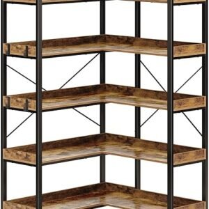 Rolanstar Bookshelf 5 Tier with 4 Hooks, Reversible Corner Bookshelf, 65" Industrial Wooden Bookcase with Open Shelves and Metal Frame for Living Room, Bedroom, Home Office, Rustic Brown