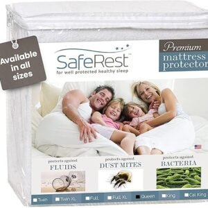 SafeRest 100% Waterproof Queen Size Mattress Protector - Fitted with Stretchable Pockets - Machine Washable Cotton Mattress Cover for Bed