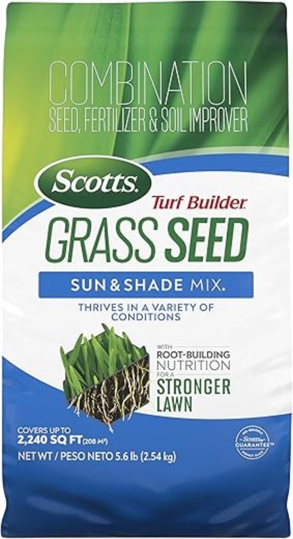 Scotts Turf Builder Grass Seed Sun & Shade Mix with Fertilizer and Soil Improver, Thrives in Many Conditions, 5.6 lbs.