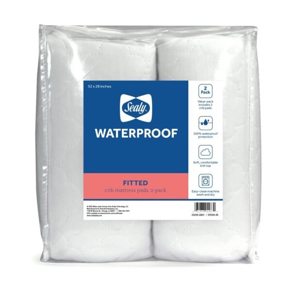 Sealy Baby 2-PACK Fitted Waterproof Infant Crib Mattress Protector Pad and Toddler Bed Cover, Durable and Comfortable Topper, Machine Washable and Dryer Friendly, 52” x 28”- White