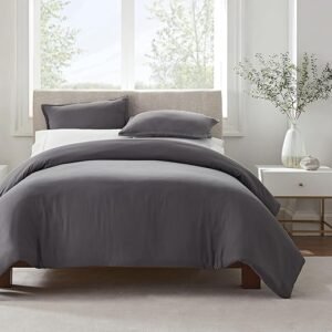 SERTA Simply Clean Ultra Soft Hypoallergenic Stain Resistant 3 Piece Solid Duvet Cover Set, Grey, Full/Queen