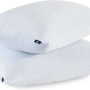 Serta Won't Go Flat Standard/Queen Size Set of 2 Down Alternative Cooling Bed Pillows, Extra Life Foam Core with Medium Support, Perfect for Back, Stomach or Side Sleepers, Blue 2 Count