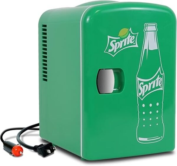 Sprite Mini Fridge - Refrigerator for Bedroom Skincare Office, Portable Table Top Beverage Cooler, 12V 110V Refrigerador For Drinks, Soda, Wines, Breast Milk, Use In Car, Dorm, Outdoor, Patio, 8 Can
