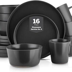 Stone Lain Celina Stoneware 16 Piece Dinnerware Set, Plates and Bowls, Black Matte Dish, Service for 4 – Minimalist Round Style, Microwave & Dishwasher Safe