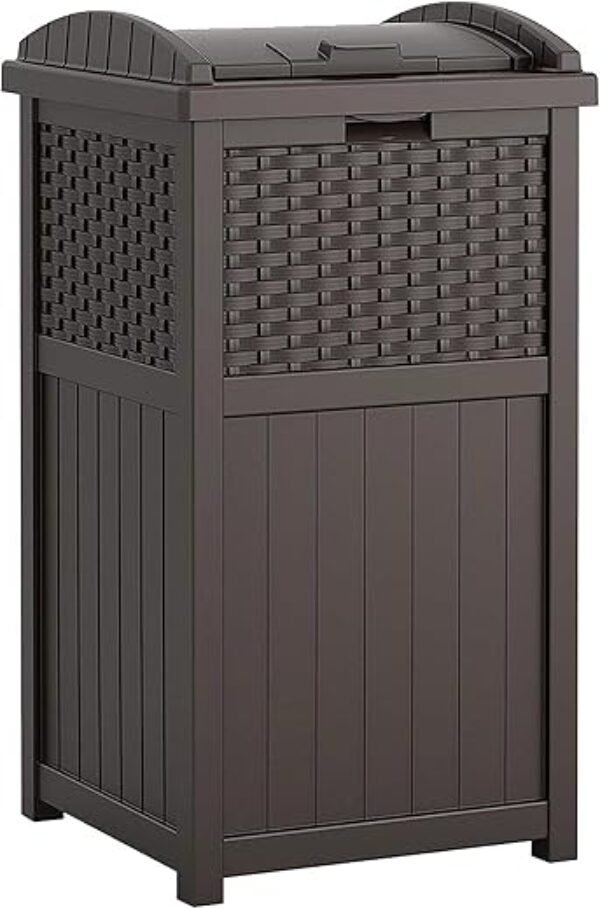 Suncast 33 Gallon Outdoor Trashcan Hideaway with Lid for 30 to 33 Gallon Trash Bags for Garage, Backyard, or Garden, Brown, Made in the USA