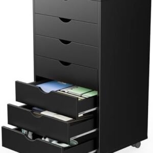 Sweetcrispy 7 Drawer Chest Mobile Storage Cabinets Wooden Dresser with Wheels Room Organization Furniture for Office Home, Black Wood
