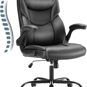 Sweetcrispy Ergonomic Computer Gaming Office Chair, Heavy Duty Task Desk Swivel Rolling Chairs with Wheels, Flip-up Arms, Adjustable Height, PU Leather, Black