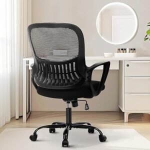 Sweetcrispy Home Office Computer Desk Chair, Managerial Executive Ergonomic Mid-Back Mesh Rolling Swivel Chair with Wheels, Comfortable Lumbar Support, Comfy Arms for Bedroom, Study, Student, Black