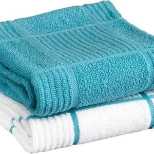 T-fal Solid & Checked Parquet Kitchen Towels: Highly Absorbent, Super Soft Long Lasting - 100% Cotton, 16"x26" Dish Towels for Cleaning & Drying Dishes, Pans, Glassware, or Countertops, 2-Pack, Breeze