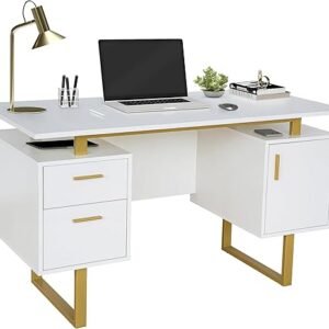 Techni Mobili Storage Drawers and Cabinet 51.25” W-Modern Office Large Floating Desktop Surface Desk, 23.6" D x 51.2" W x 29.8" H, White/Gold