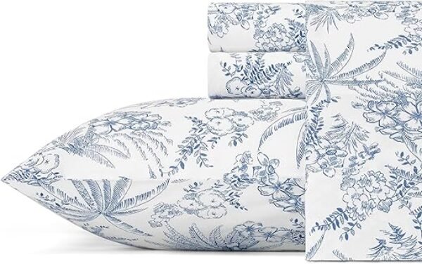 Tommy Bahama - King Sheets, Cotton Percale Bedding Set, Crisp & Cool, Stylish Bedding Set (Pen and Ink Palm Blue, King)(USHSA01035855)