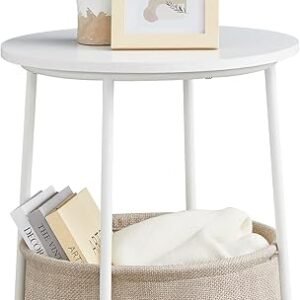 VASAGLE End Table, Small Bedside Table with Fabric Basket, Modern Nightstand, Round Side Table, for Living Room, Bedroom, Matte White and Camel Brown ULET223W10