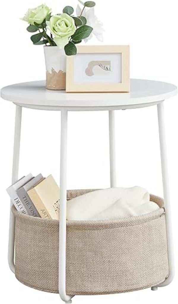 VASAGLE End Table, Small Bedside Table with Fabric Basket, Modern Nightstand, Round Side Table, for Living Room, Bedroom, Matte White and Camel Brown ULET223W10