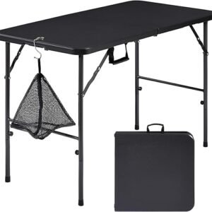 VECELO Folding Table 4 Foot with Mesh Bag, Indoor Outdoor Heavy-Duty Portable w/Handle,Fold-in-Half for Picnic, Party, Camping, Black