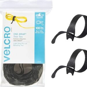 VELCRO Brand ONE-WRAP Cable Ties, 100Pk, 8 x 1/2" Black Cord Organization Straps, Thin Pre-Cut Design, Wire Management for Organizing Home, Office and Data Centers