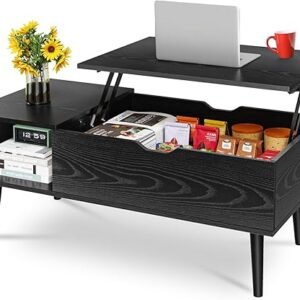 Wood Lift Top Coffee Table with Hidden Compartment and Large Storage Shelf, Lift Tabletop Dining Center Table for Home Living Room Office, Black