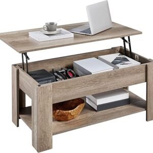 Yaheetech Lift Top Coffee Table with Hidden Compartment and Storage Shelf, Rising Tabletop Dining Table for Living Room Reception Room, 38.6in L, Grey