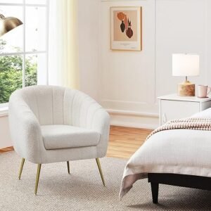 Yaheetech Sherpa Fabric Accent Chair, Modern Cozy Vanity Chair with Gold Metal Legs, Boucle Fabric Armchair with Removable Seat Cushion for Living Room Bedroom Office Guest Room, Ivory