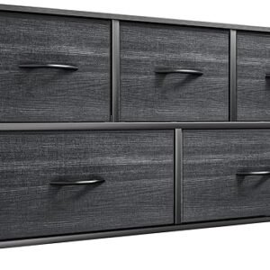 YITAHOME Dresser with 5 Drawers - Fabric Storage Tower, Organizer Unit for Bedroom, Living Room, Closets - Sturdy Steel Frame, Wooden Top (Cool Black Wood Grain)