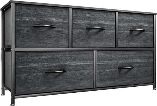 YITAHOME Dresser with 5 Drawers - Fabric Storage Tower, Organizer Unit for Bedroom, Living Room, Closets - Sturdy Steel Frame, Wooden Top (Cool Black Wood Grain)