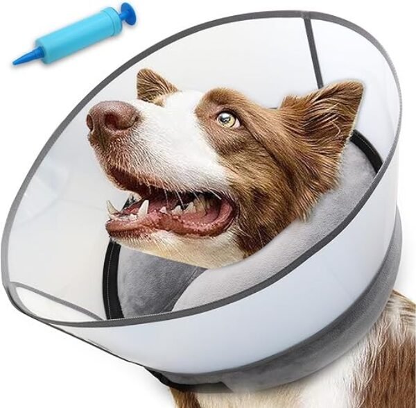 2-in-1 Inflatable Dog Cone Collar with Detachable Anti-Licking Shield, Soft Adjustable Elizabethan Collar for Dogs After Surgery (L, Grey)