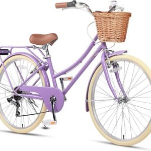20 24 26 Inch Beach Cruiser Bike, 6-Speed Hybrid City Bicycle for Girls Youth and Over 6 Years Old, Missy Bike with Wicker Basket & Lightweight, Multiple Colors