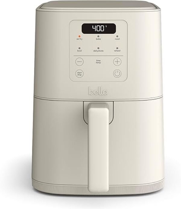 bella 4Qt Slim Air Fryer, Fits-anywhere™ Kitchenware, EverGood™ Ceramic Nonstick Coating, Adjustable Temperature, 6 Preset Cooking Options, 60 Min Auto Shutoff w Audible Tone, 3.3lb Capacity, Oatmilk