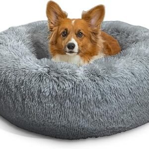Best Friends by Sheri Original Calming Donut Dog and Cat Bed, Shag Faux Fur, Gray, Small (23x23) - Helps Provide Anxiety Relief for Pets