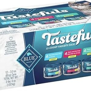 Blue Buffalo Tastefuls Flaked Wet Cat Food Variety Pack, Made with Natural Ingredients, Tuna, Chicken, Fish & Shrimp, 3-oz Cans (12 Count, 4 of Each)